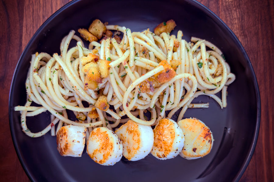 Seared Sea Scallops alla Siciliana with Bucatini, breadcrumbs and herbs Lighthouse Seafoods recipe.