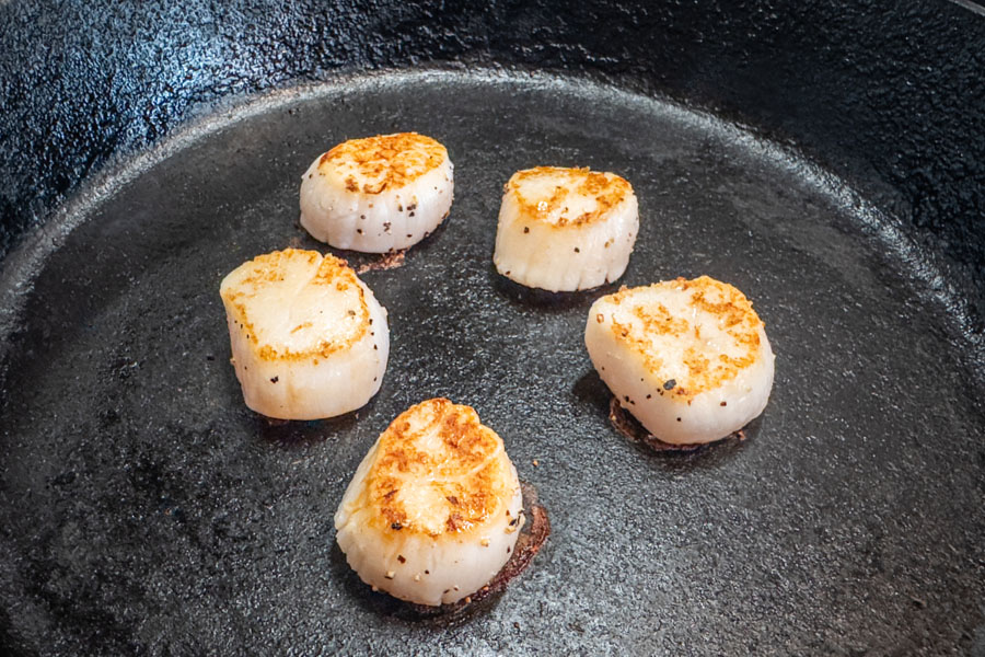 Pan searing sea scallops for Scallops alla Siciliana, a Lighthouse Seafoods recipe.
